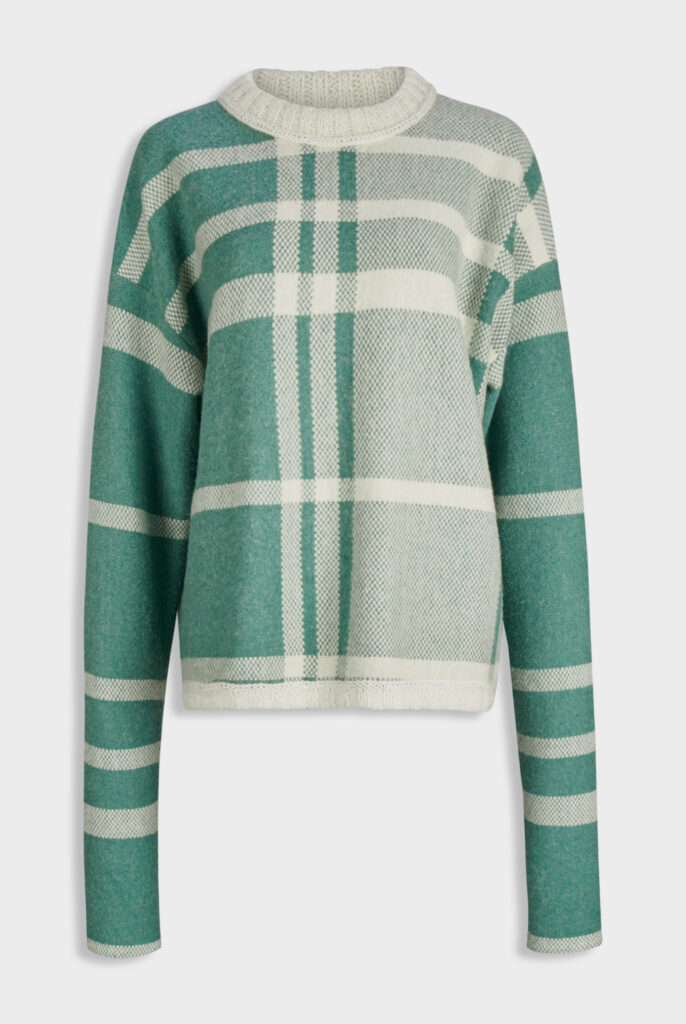 MIOMARTHA oversized knitted wool jumper in front of light background, cream green checked - SKU 2022HS001