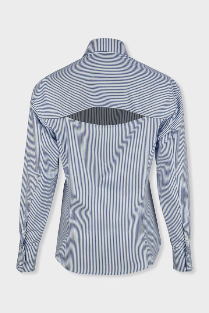 MIOMARTHA pinstripe blouse with cut-out back in front of light background- cotton blue white - SKU 2022HB001_V2